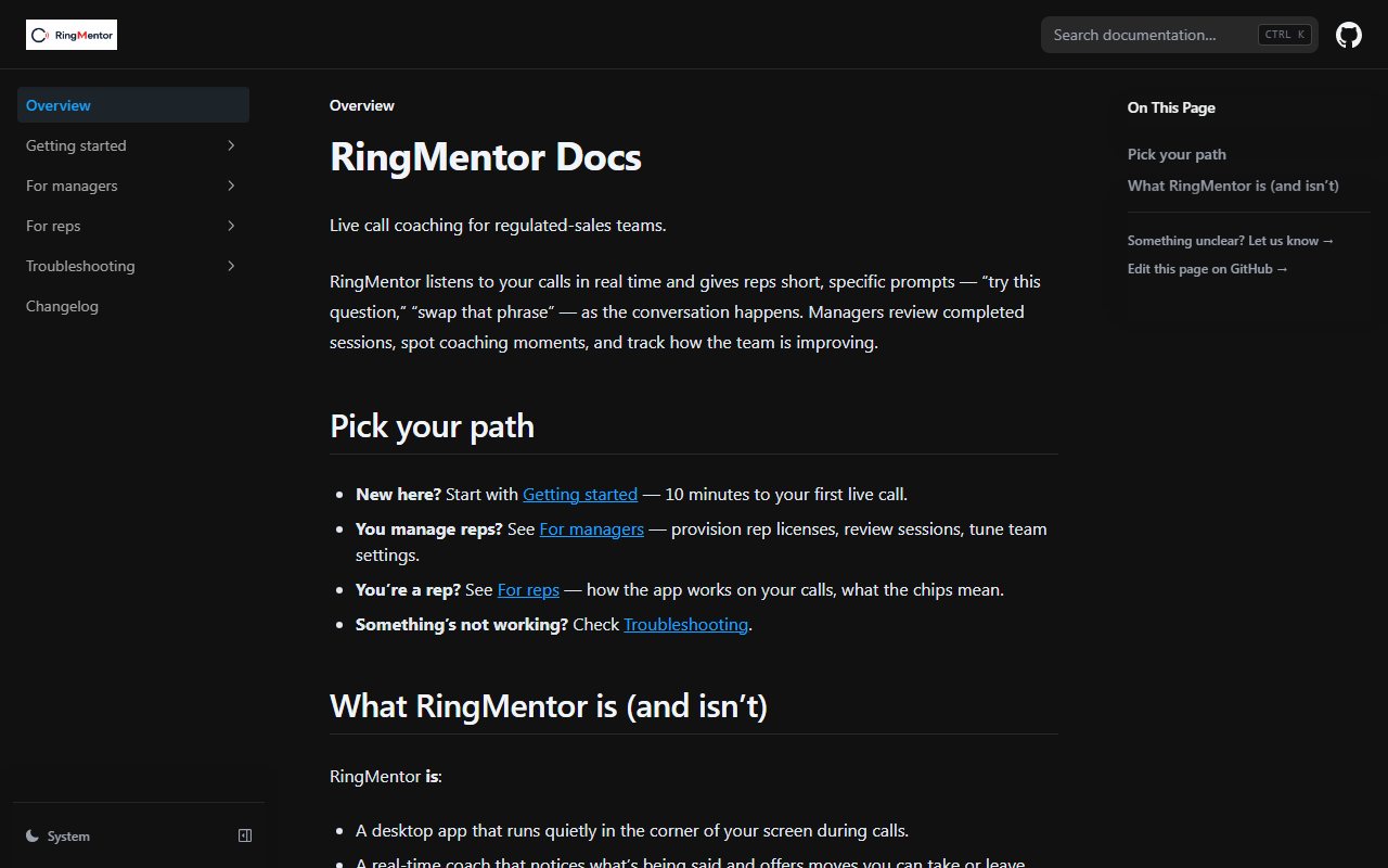 The RingMentor product documentation site